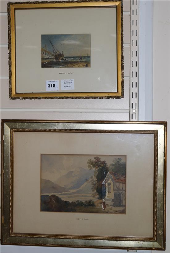 Attributed to David Cox, two watercolours, beached fishing boat and a woman in a landscape, 10 x 15cm and 17.5 x 26cm